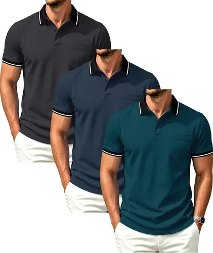 Vista 7 de GEEK LIGHTING Paquete de 3 camisas polo de manga corta con bolsillo para Negro Gris Armygreen