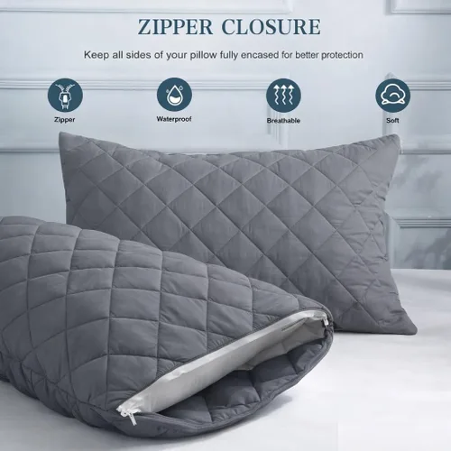 Vista 2 de Pillow Protector (2 Pack) 240 GSM Quilted 100% Waterproof Zippered Pillow Covers TPU Laminated, Hypoallergenic, Premium Pillowcase Encasement for