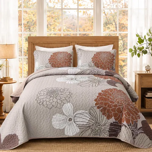 Vista 13 de Anibedding Juego de edredón con estampado floral verde, tamaño King, colcha de 3 piezas, elegante colcha de flores bohemias con 2 fundas de Gris