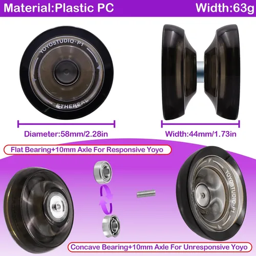Vista 3 de YOYOSTUDIO Yoyo P1 Crystal Black & T16 Negro Verde Púrpura, Yoyos profesionales de doble propósito, paquete de 2, Yoyo sensible para niños de 8 a 12