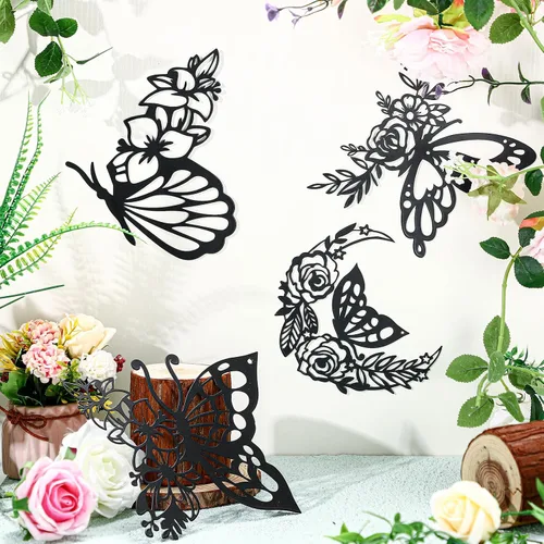 Vista 5 de LOYIM 4 piezas de decoración de pared de mariposa de metal, decoración de pared de hojas de metal, fases lunares, floral, bohemio, para colgar