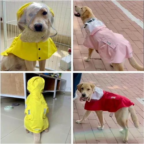 Vista 7 de Impermeable para perro con poncho con capucha, chaqueta de lluvia amarilla ajustable de alto reflejo, con agujero para correa para perros pequeños