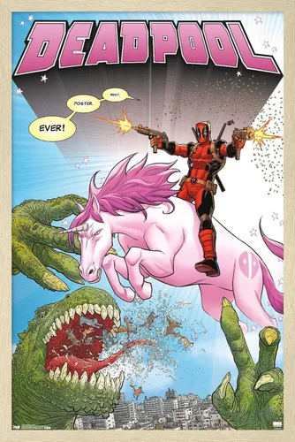 Vista 7 de Marvel Comics Deadpool - Póster de pared de unicornio, 22.4 pulgadas de largo x 14.7 pulgadas de ancho, versión enmarcada de madera de granero