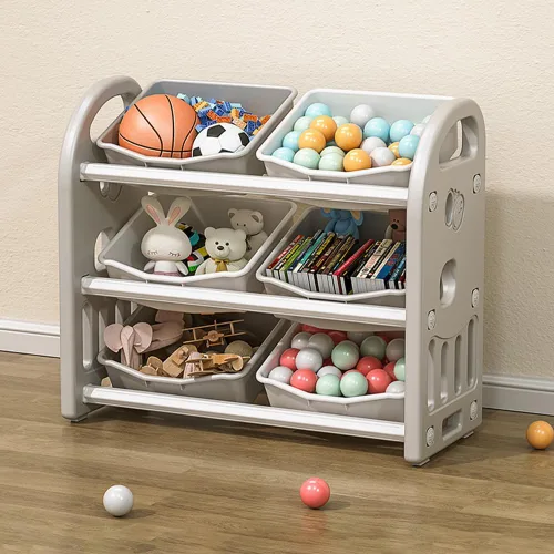 Vista 9 de Organizador de almacenamiento de juguetes para niños, estantes de 3 niveles, organizador de almacenamiento multifuncional para niños con 6 Verde