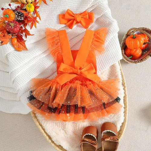 Vista 4 de Disfraz de Halloween para recién nacido, sin mangas, con estampado de calabaza, sin espalda, con capucha, vestido para bebé