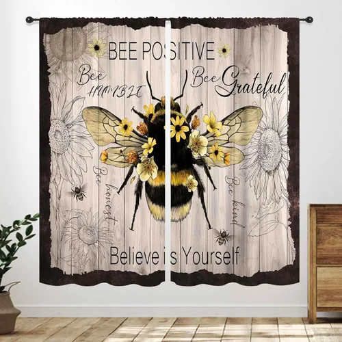 Vista 24 de Cortinas infantiles de abejas, cortinas de campo de primavera de acuarela de girasoles florales de nido de abeja, adorables abejas, cortinas