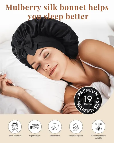 Vista 3 de Gorro de seda de AWAYTR para dormir, mujeres, 100% seda de morera con banda, reversible de 2 capas, envoltura para el cabello para dormir