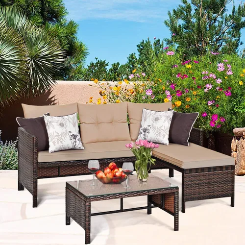 Vista 3 de Tangkula juego de sofá de esquina para patio de 3 piezas, juego de sofá de ratán para exteriores, incluye chaise lounge, sofá doble y mesa auxiliar