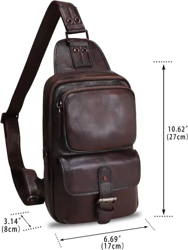 Vista 4 de LRTO Bolso bandolera de cuero genuino para motocicleta, hecho a mano, para senderismo, mochila de hombro retro, Café, Mochilas Sling