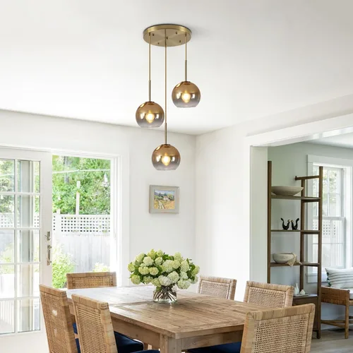 Vista 4 de KCO Iluminación - Lámpara colgante de 3 luces con globos en grupo, candelabro de cristal moderno, lámpara colgante de cristal dorado de 3 luces