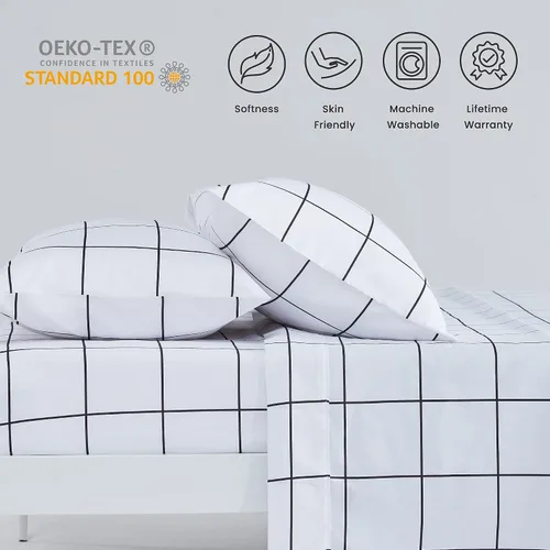 Vista 5 de SLEEP ZONE Juego de sábanas de 3 piezas con estampado a cuadros para niños, sábanas de microfibra de doble cepillado súper suaves y transpirables