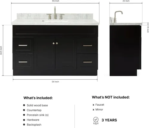 Vista 6 de ARIEL Hamlet - Mueble de baño de 54 pulgadas con fregadero, madera maciza, encimera de mármol italiano de Carrara de 1.5 pulgadas, fregadero