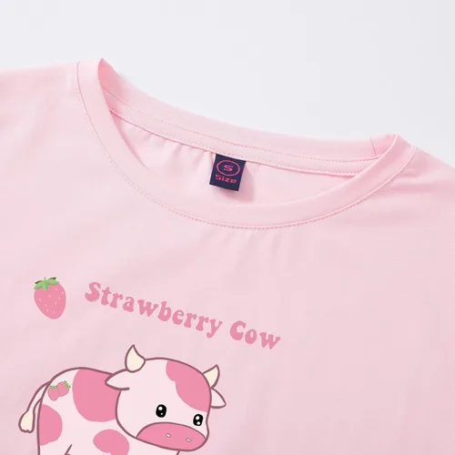 Vista 3 de KEEVICI Conjunto de pijama de algodón de 2 piezas con estampado kawaii de vaca de fresa y manga corta para mujer