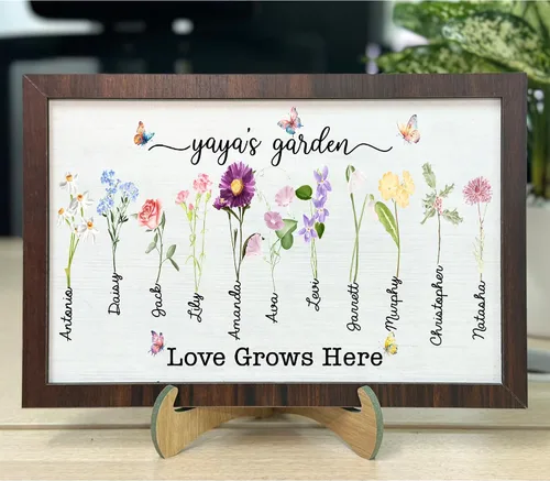 Vista 12 de Nazenti Letrero personalizado con marco de jardín de la abuela con nombres de nietos y flor de nacimiento para regalo del día de la madre, regalos