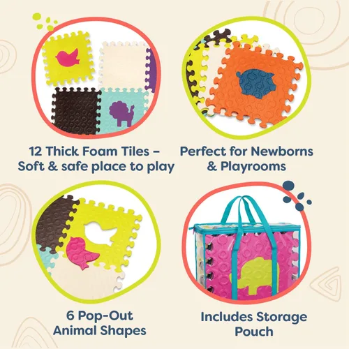 Vista 6 de B. toys Tapete de suelo de animales - 12 azulejos de espuma entrelazados y extraíbles - Azulejos gruesos de rompecabezas para recién nacidos, niños
