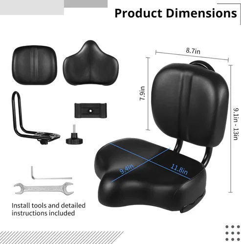 Vista 5 de Asiento de bicicleta con respaldo – Sillín de bicicleta de gran tamaño con soporte de espalda, universal ancho acolchado de poliuretano