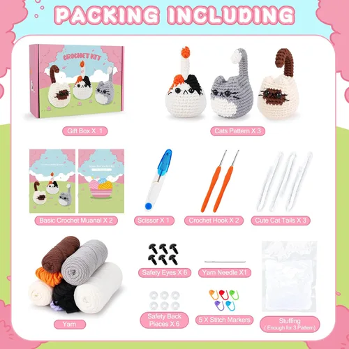 Vista 3 de Kit de ganchillo para gatos para principiantes, 3 piezas, kits de ganchillo para gatos, regalos de agradecimiento para profesores para mujeres, kit