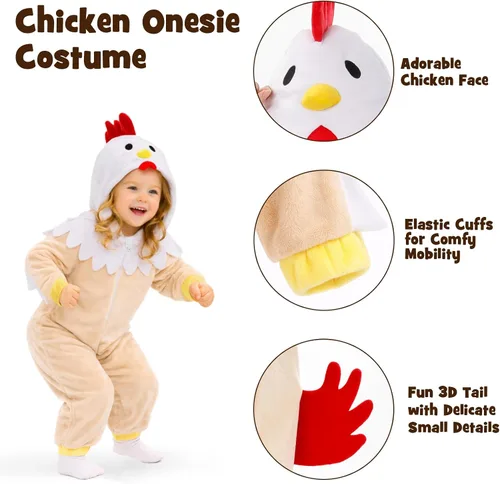 Vista 6 de Disfraz de pollo beige para niñas y niños, overol de animal con capucha 3D para fiesta de Halloween