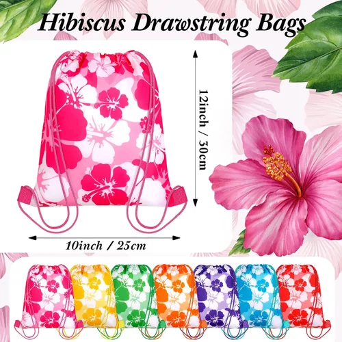 Vista 2 de Teling - 14 mochilas de hibisco, bolsas de recuerdos de fiesta con temática hawaiana con cordón Tiki Luau Treat Hawaii, bolsa de regalo tropical