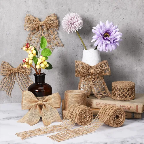 Vista 2 de 4 Rolls Burlap Ribbon Wired Natural Burlap Lace Christmas Wrapping Ribbon