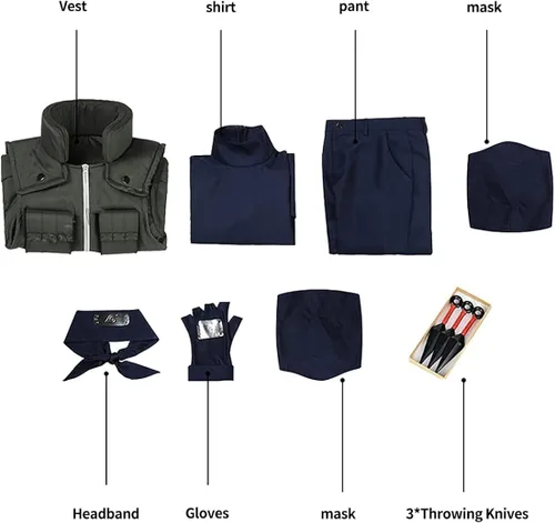 Vista 3 de Kakashi Vest Shirt Pant mask Headband Gloves Kunai 7pac
