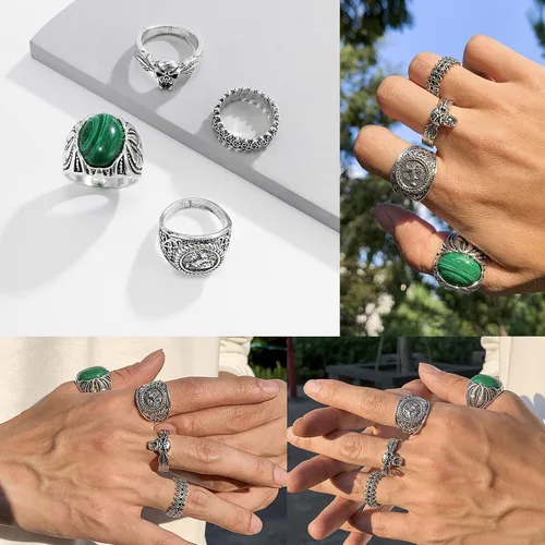 Vista 3 de Anillos punk vintage de oro y plata para hombres y mujeres, juego de anillos góticos geniales, anillos de nudillos apilables gruesos, anillos
