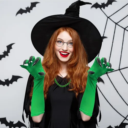 Vista 4 de Sombrero de bruja de Halloween, disfraz de bruja, gafas con guantes para mujer, accesorios de cosplay de película de Halloween, suministros