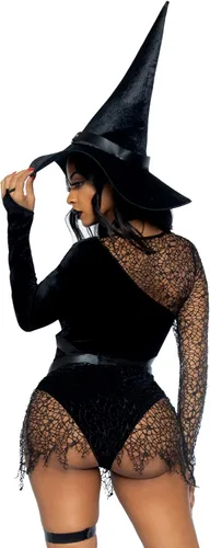 Vista 2 de Leg Avenue Disfraz de bruja artesanal de 3 piezas para mujer con mono, arnés y sombrero
