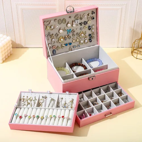 Vista 5 de BOOVO Joyero de aretes para mujeres y niñas, organizador de tachuelas, caja organizadora de joyas de 5 capas con candado, organizador de aretes