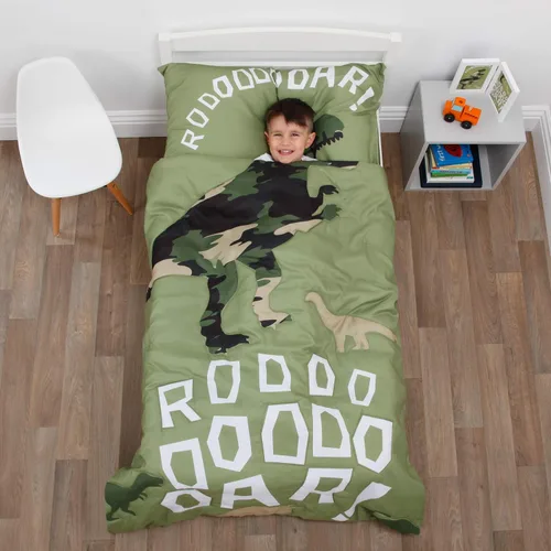 Vista 12 de Everything Kids Juego de cama infantil que brilla en la oscuridad con 4 piezas. Hada mágica, rosa, naranja, lavanda. Dinosaurios