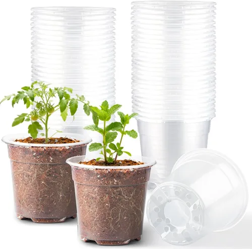 Vista 9 de RooTrimmer Paquete de 100 macetas transparentes de 2.8 pulgadas con agujeros de drenaje, macetas transparentes para semillero, macetas redondas