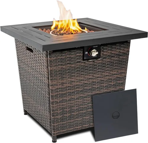 Vista 10 de Mesa para fogata de propano de 28 pulgadas, mesa de fuego de 50,000 BTU con tapa de acero, patas grandes, rocas de lava, pozo de fuego seguro