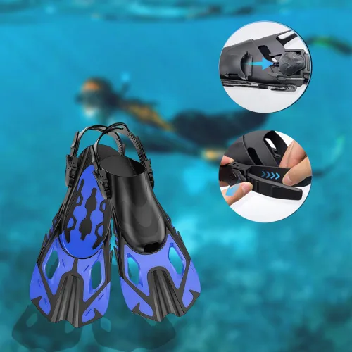 Vista 4 de Aletas de natación para esnórquel, aletas ajustables de tamaño de viaje, aletas cortas de natación para regazo, natación, buceo, adultos, hombres