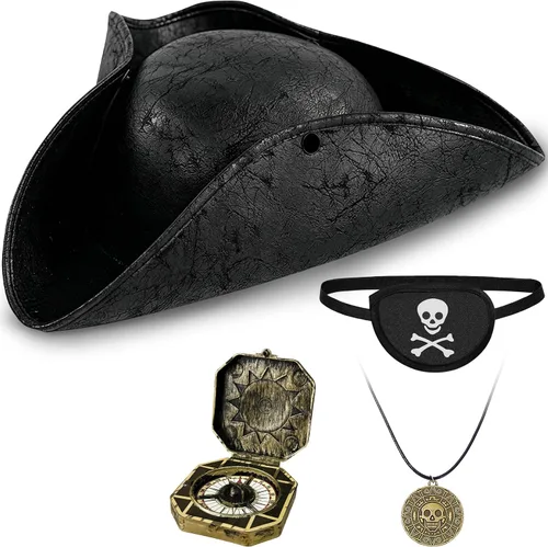 Vista 8 de Zddaoole 4PCS Pirate Hat,Renaissance Pirate Tricorn Hat with Eye Patch & Necklaces for Halloween Cosplay