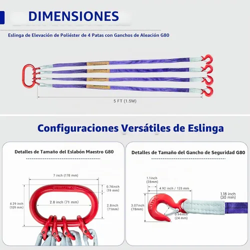 Vista 2 de Eslinga de elevación de poliéster de grado industrial de 5 pies (1.5m), capacidad de 8,800 libras (4 toneladas), 4 patas, relación de seguridad 6:1