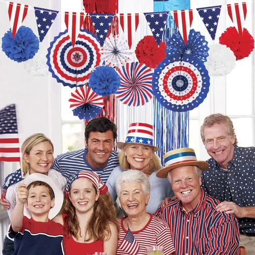 Vista 6 de MOVINPE Juego de decoraciones patrióticas para fiestas del 4 de julio, abanicos de papel para colgar con la bandera estadounidense, flores