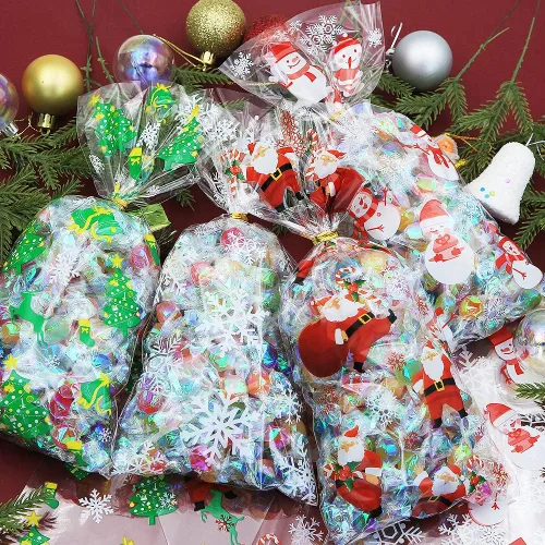 Vista 7 de Boerni 100 bolsas de celofán de Navidad, bolsas de plástico para violonchelo de Navidad con lazos giratorios para dulces, galletas, golosinas