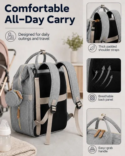 Vista 4 de houscly Mochila para pañales con cambiador: bolsas de bebé de viaje negras para niñas y niños, pañaleras para bebe, artículos esenciales para recién