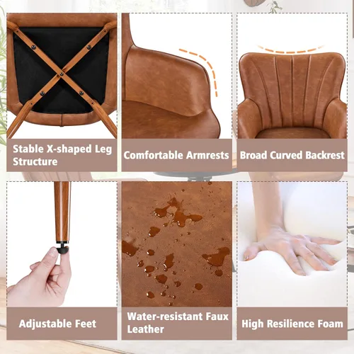 Vista 5 de Yaheetech Silla de Brazos de Piel Sintética PU, Silla Decorativa Moderna con Patas Metálicas, Cómoda Silla Barril Tapizada para Sala de Estar Marrón