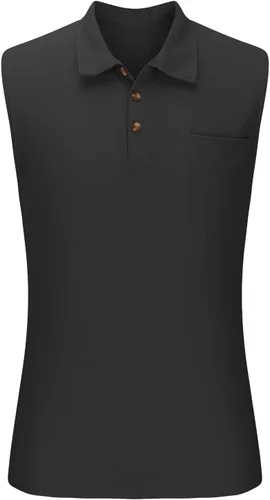 Vista 3 de Camisetas negras para hombre, a la moda, con botones, estilo waffle, ajuste muscular, para verano, casual, ajustada, lisas