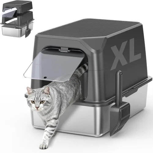 Vista 17 de WoofiGo Caja de arena cerrada de acero inoxidable para gatos con tapa, caja de arena extra grande XL para gatos grandes, bandeja de arena de metal