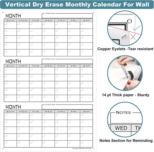 Vista 5 de Calendario grande de borrado en seco de 3 meses para pared, 36 x 24 pulgadas, calendario de pizarra blanca de tres meses sin fecha para oficina