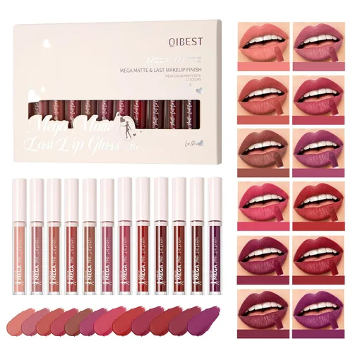 Vista 9 de Juego de brillo labial de 12 colores para mujer, esmalte labial hidratante brillante con alto pigmento, juego de tinte labial hidratante