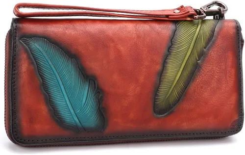 Vista 2 de IVTG Cartera de cuero genuino con cremallera alrededor de la pulsera bolso largo vintage en relieve de piel de vaca capacidad embrague hecho a mano
