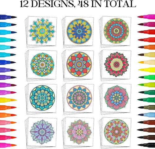 Vista 3 de Hiwhy 48 Pcs Mandala Coloring Cards 10" x 10" Coloring Cardstock Stress Relief Relaxation Mandala Pattern Poster Sets with 36 Markers Creative