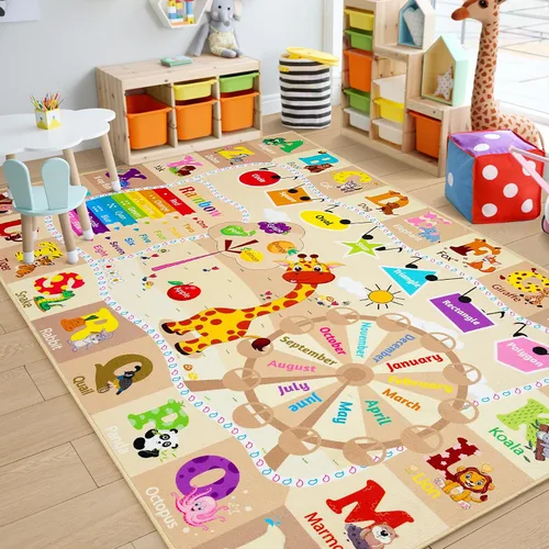 Vista 18 de Chicrug Alfombra educativa para niños de 3 x 5 pies para sala de juegos, TPR antideslizante para niños, alfombra de aula para aprender animales ABC