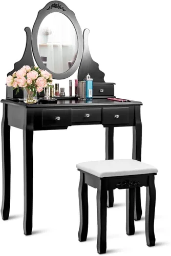 Vista 13 de Giantex Juego de tocador con espejo iluminado, mesa de maquillaje con 10 luces rosadas, escritorio de tocador moderno con taburete acolchado, 3