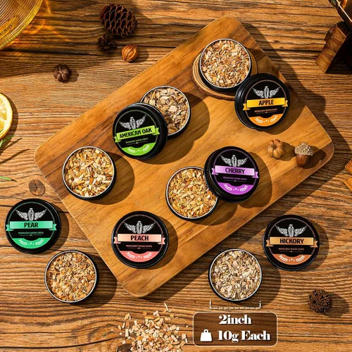 Vista 6 de INSISART Chips de madera para ahumar whisky, 6 sabores de manzana, cereza, roble, pera, durazno, nogal, chips naturales para cócteles, anticuado
