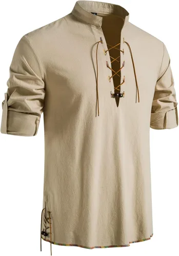 Vista 9 de LucMatton Camisa de manga larga para hombre, estilo retro, con cordones, medieval, renacentista, pirata, vikingo, steampunk, gótico, victoriano