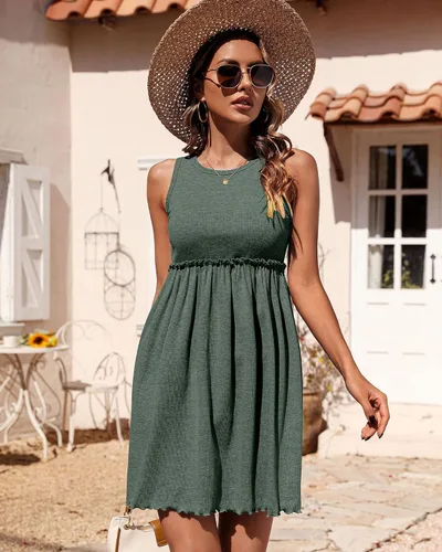 Vista 4 de BTFBM - Vestido de verano sin mangas y con cintura alta para mujer, vestido de playa con tela de punto acanalado, cuello redondo, botones